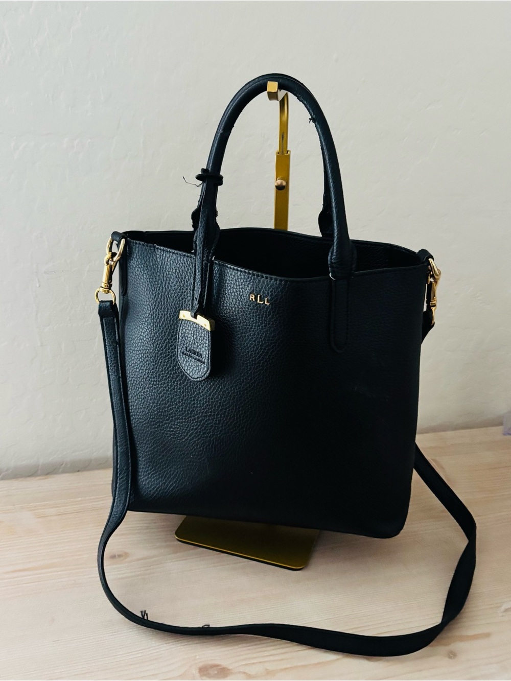 Lauren Ralph Lauren Black Pebbled Leather Satchel Crossbody Bag RLL